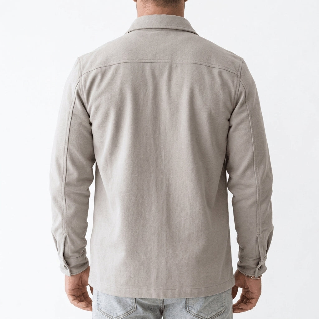 Additional view 7 of the Gray overshirt showing the spread collar and flap chest pockets and construction