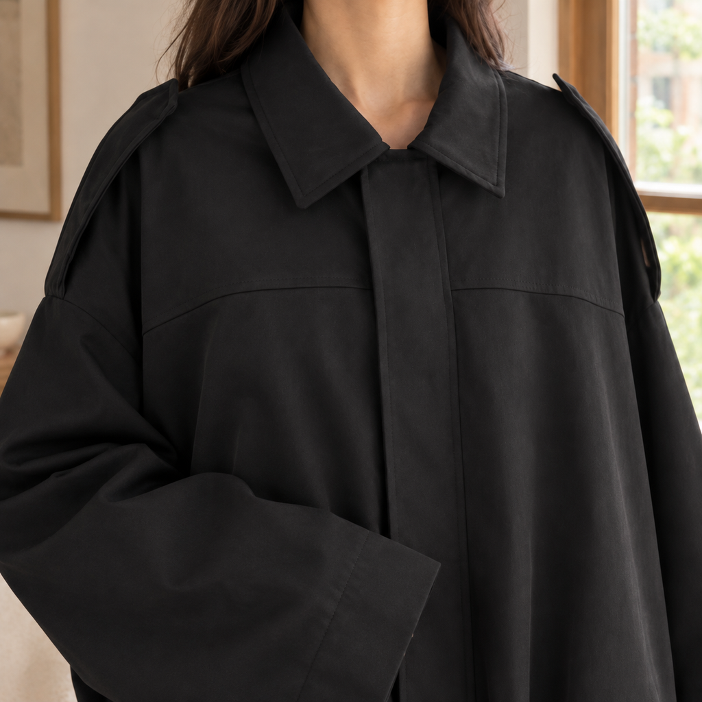 Close view of the black bomber jacket showing its concealed zip and smooth woven finish