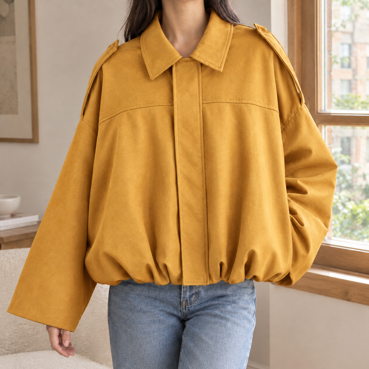 Woman wearing the oversized cropped bomber jacket in yellow