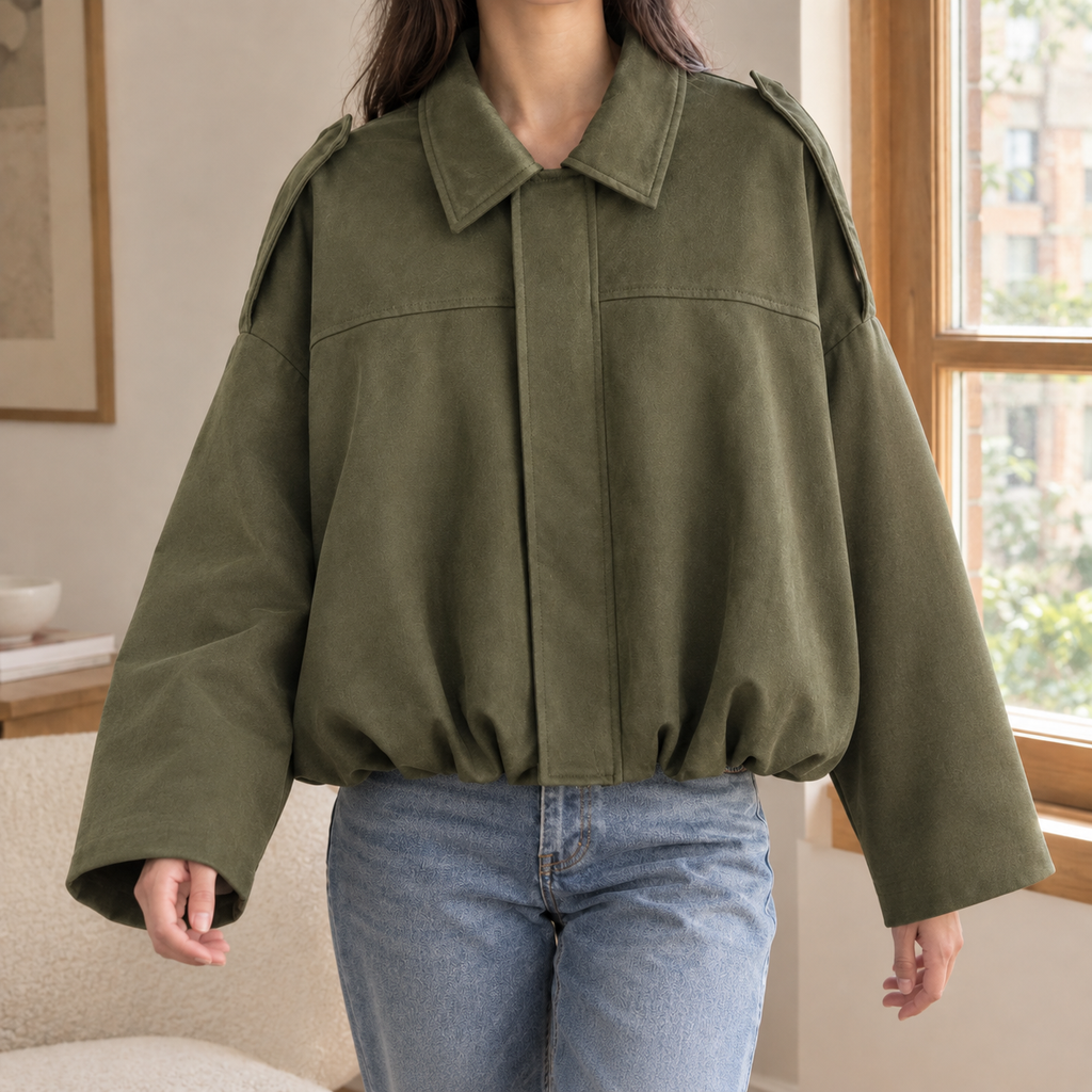 Woman wearing the oversized cropped bomber jacket in green