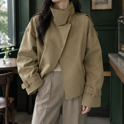 Woman wearing a khaki cropped jacket with a sculpted stand collar and double breasted buttons