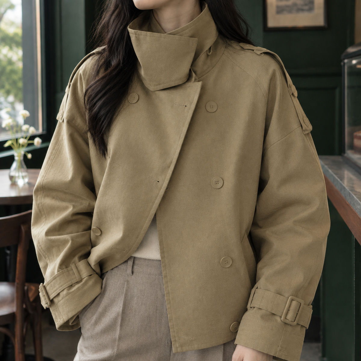 Close view of the khaki cropped jacket showing its buckle tab cuffs and structured collar