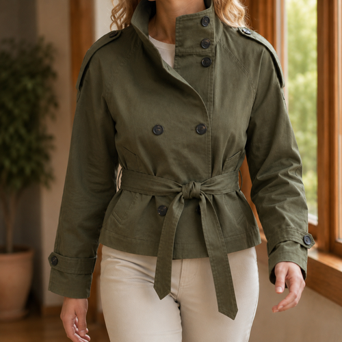 A woman wears an army green cropped trench jacket with a high collar, tie belt and double breasted buttons.