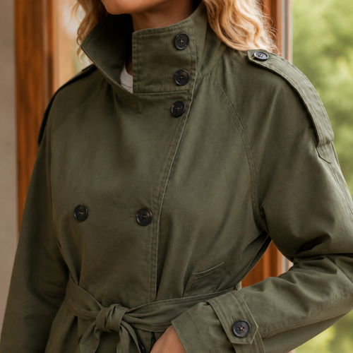 Close view of an army green cropped trench jacket showing high buttoned collar, shoulder tab and tie belt.