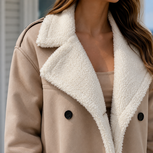 Close view of a beige double breasted coat showing plush lapels, contrast trim and dark buttons.