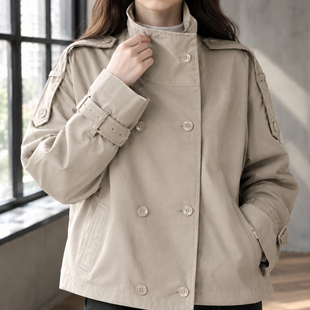 Close view of the khaki jacket showing its double breasted buttons and belted cuffs