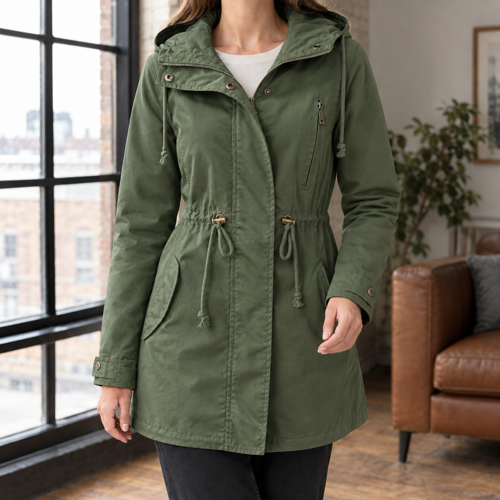 Woman wearing the drawstring hooded parka in military green