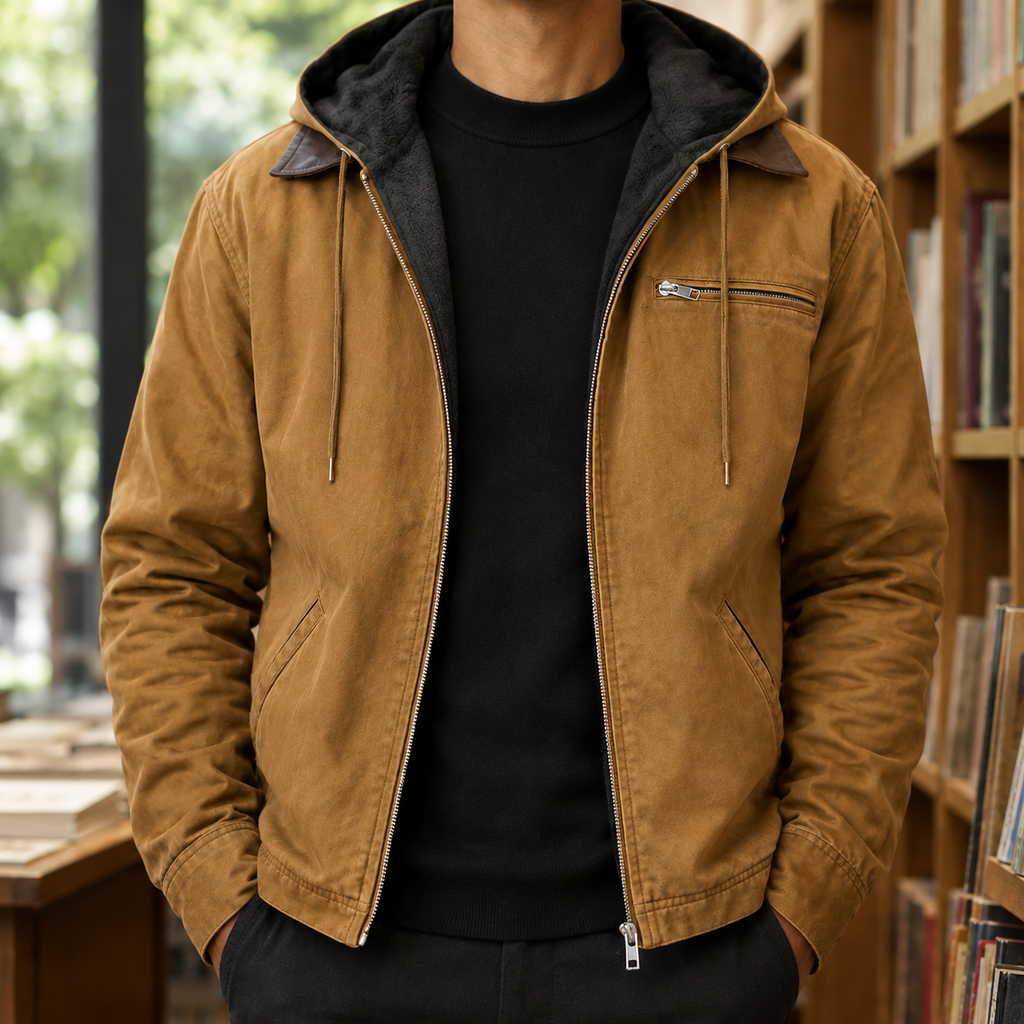 Fleece Lined Jacket in Camel showing the fleece-lined hood and utility pockets