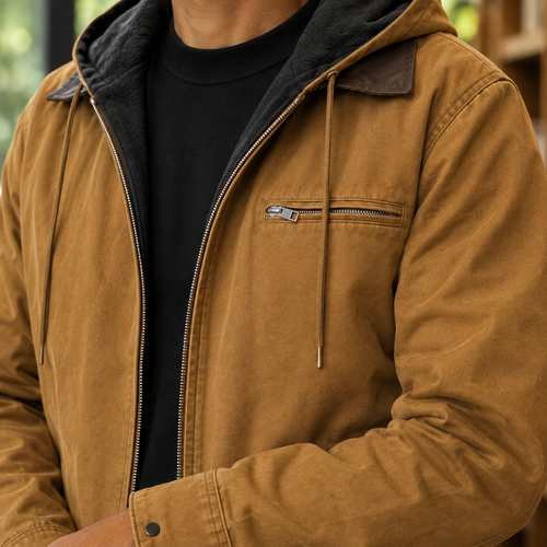 Additional view 2 of the Gray fleece lined jacket showing the fleece-lined hood and utility pockets and construction