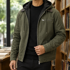 Fleece Lined Jacket in Green showing the fleece-lined hood and utility pockets