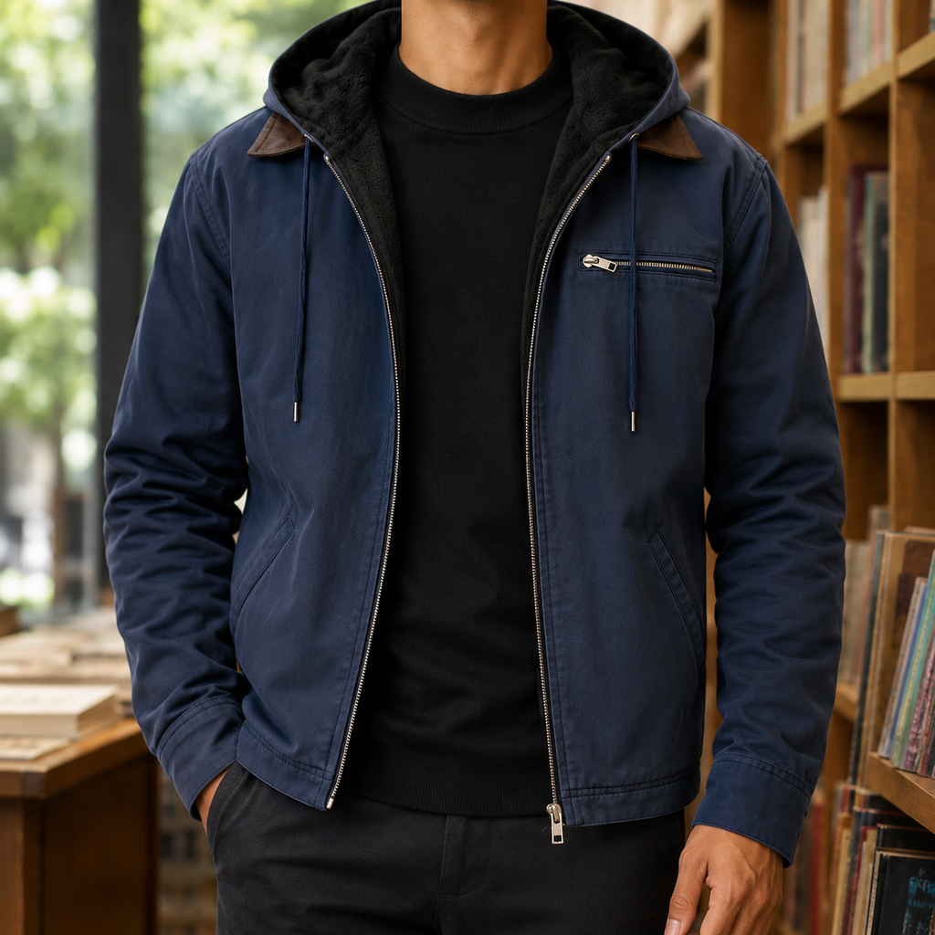 Fleece Lined Jacket in Navy showing the fleece-lined hood and utility pockets
