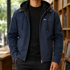 Fleece Lined Jacket in Navy showing the fleece-lined hood and utility pockets