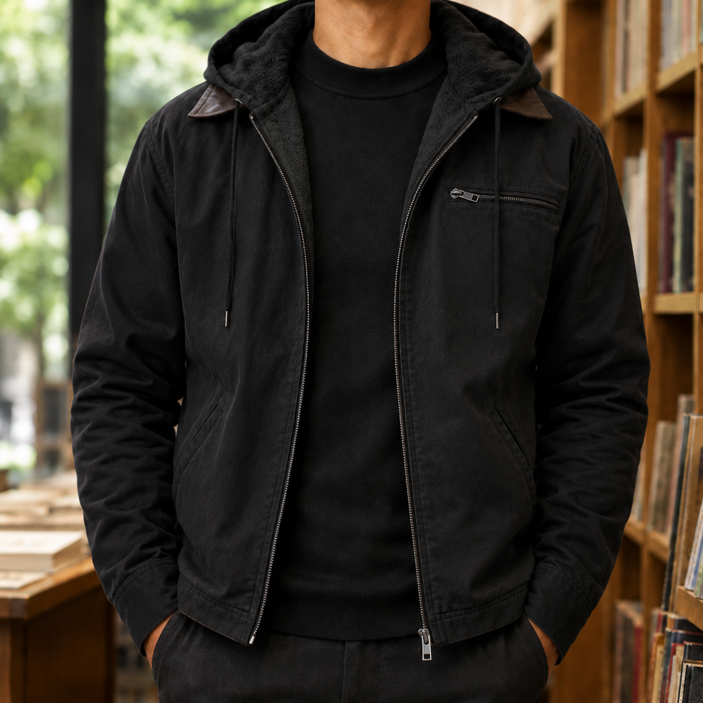 Fleece Lined Jacket in Black showing the fleece-lined hood and utility pockets