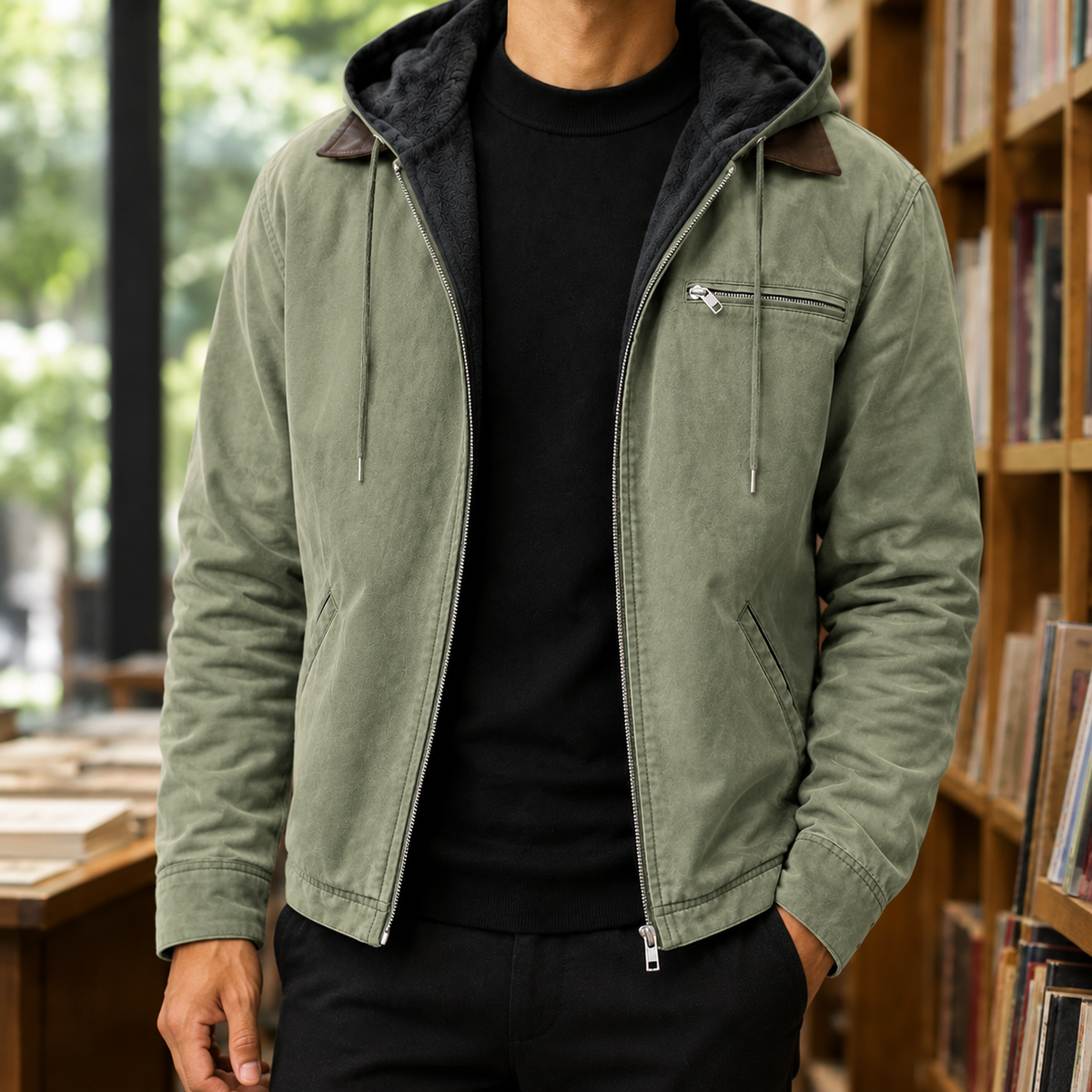 Fleece Lined Jacket in Light Green showing the fleece-lined hood and utility pockets