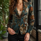 Woman wearing a teal floral tailored blazer with deep notched lapels and a fitted waist