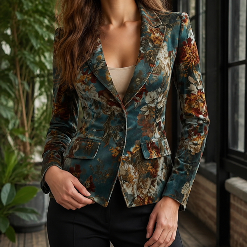 Woman wearing a teal floral tailored blazer with deep notched lapels and a fitted waist