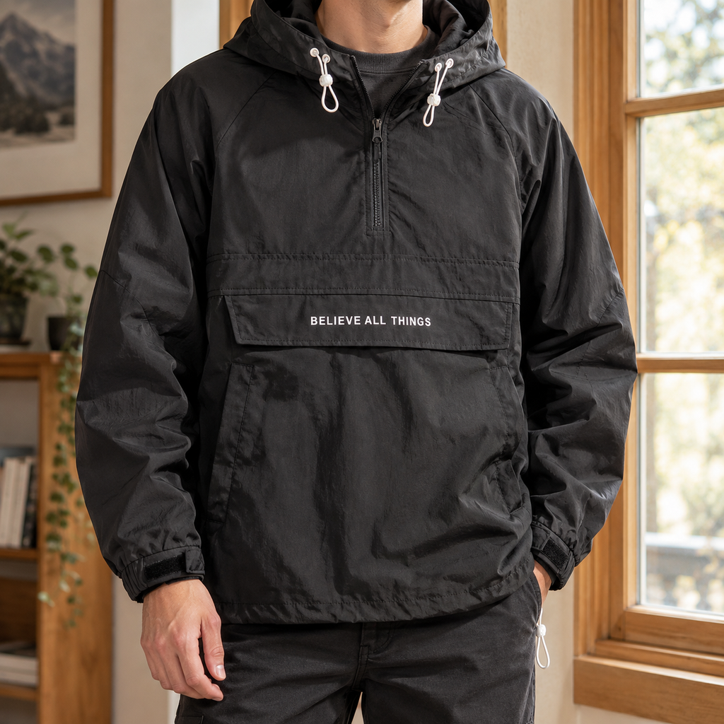 Anorak Jacket in Black showing the drawcord hood and half-zip front