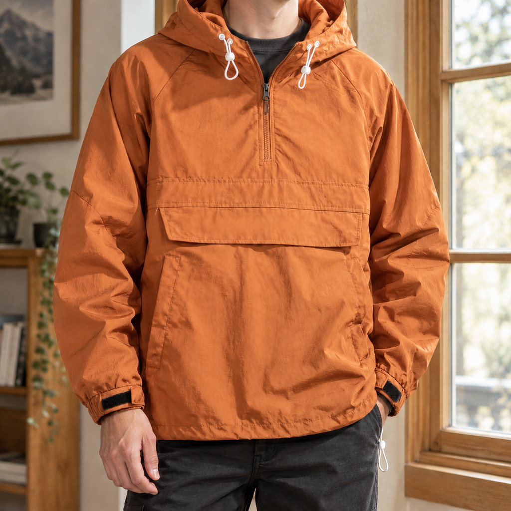 Anorak Jacket in Orange showing the drawcord hood and half-zip front