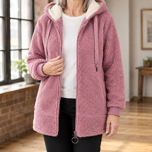 A woman wears a pink hooded jacket with plush texture, a cream lined hood and front zipper.