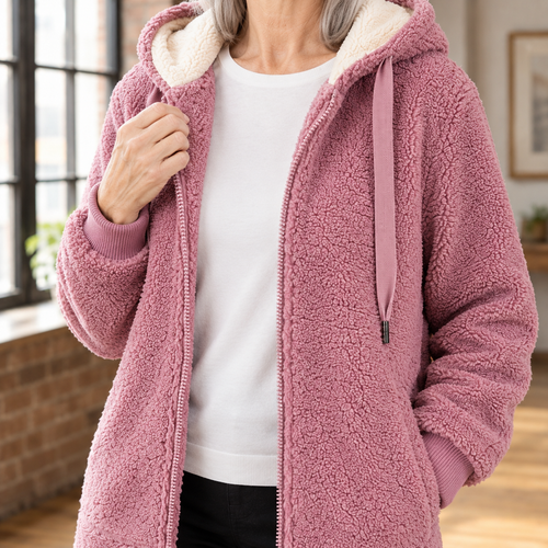 Close view of a pink hooded jacket showing plush fabric, cream hood lining and drawstrings.