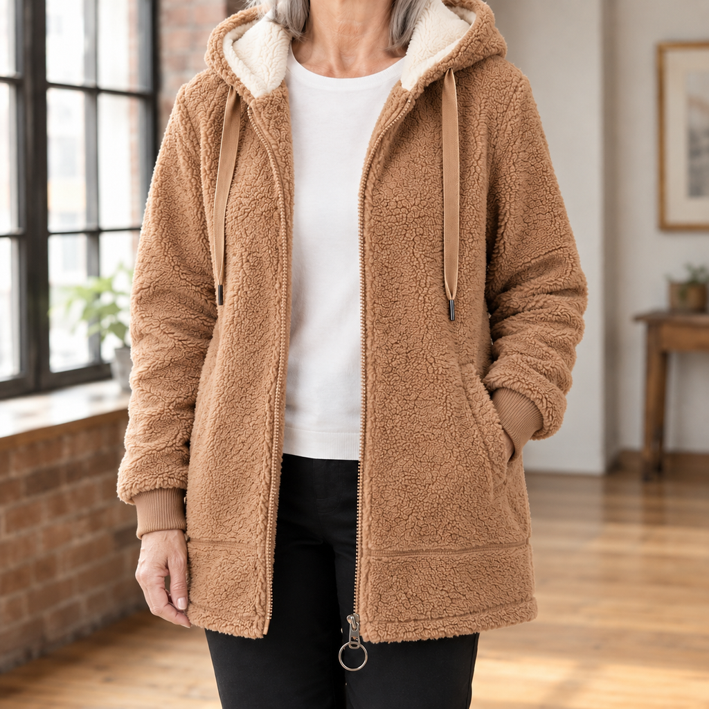 A woman wears a brown hooded jacket with plush texture, a cream lined hood and front zipper.
