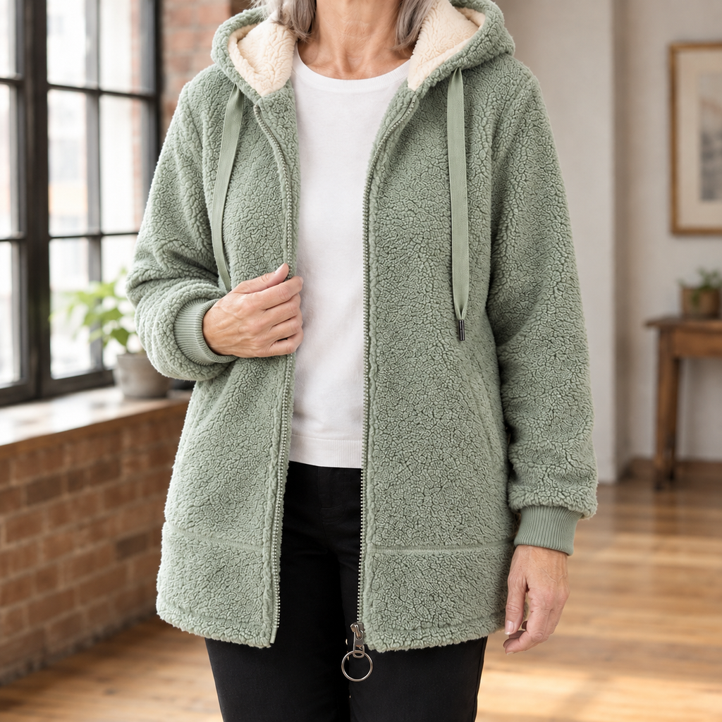 A woman wears a green hooded jacket with plush texture, a cream lined hood and front zipper.