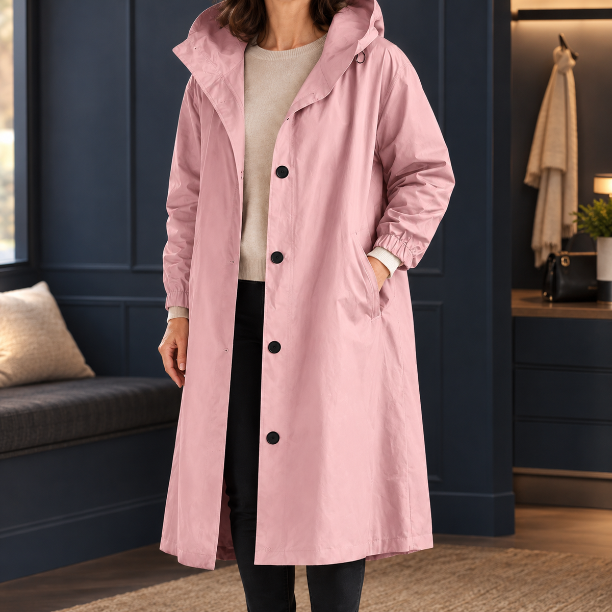 Woman wearing a light pink longline overcoat with an attached storm hood and buttons