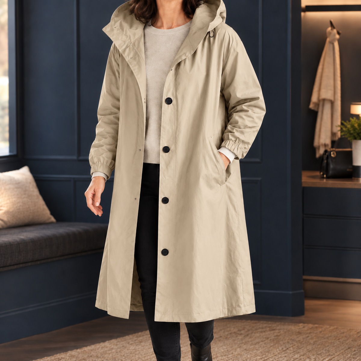 Woman wearing the hooded longline overcoat in sand