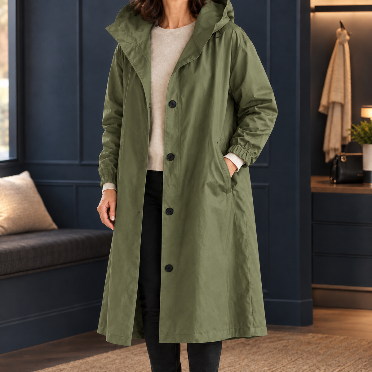 Woman wearing the hooded longline overcoat in forest green