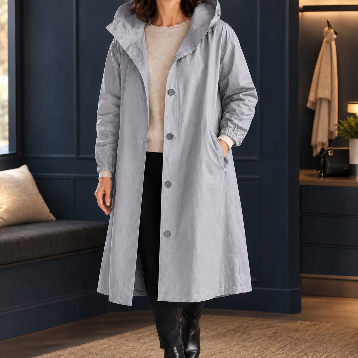 Woman wearing the hooded longline overcoat in light gray