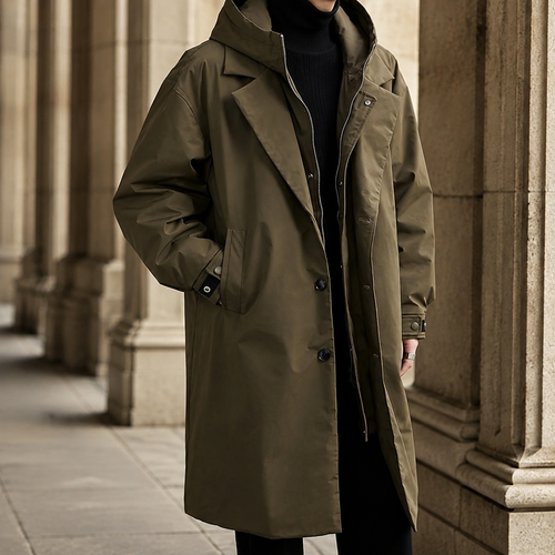 Hooded Overcoat in Green showing the layered lapel and attached hood