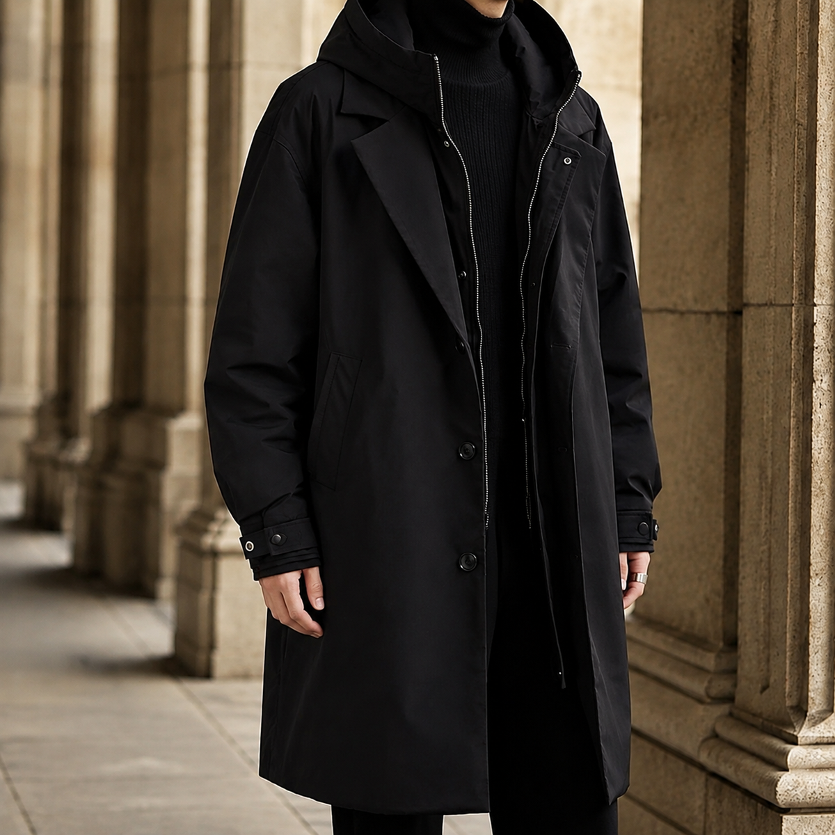 Hooded Overcoat in Black showing the layered lapel and attached hood