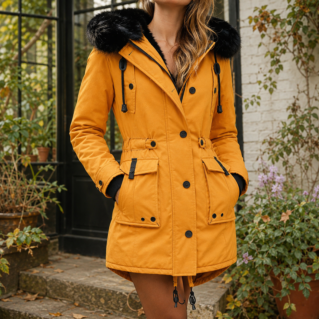 A woman wears a gold hooded parka coat with plush hood trim, front buttons and waist tabs.