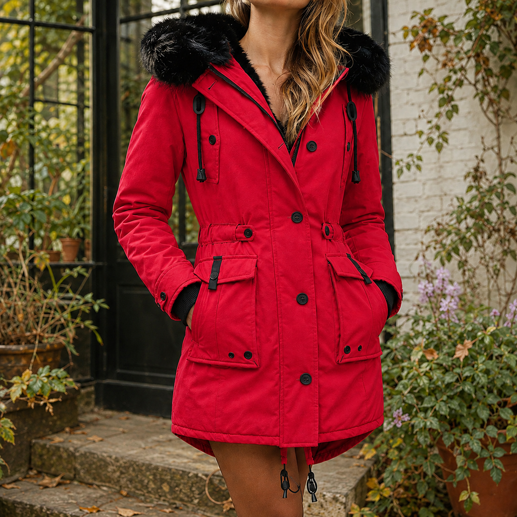 A woman wears a red hooded parka coat with plush hood trim, front buttons and waist tabs.