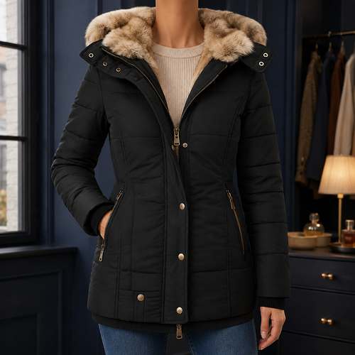 A woman wears a black hooded puffer jacket with a plush lined hood, quilted body and zip pockets.