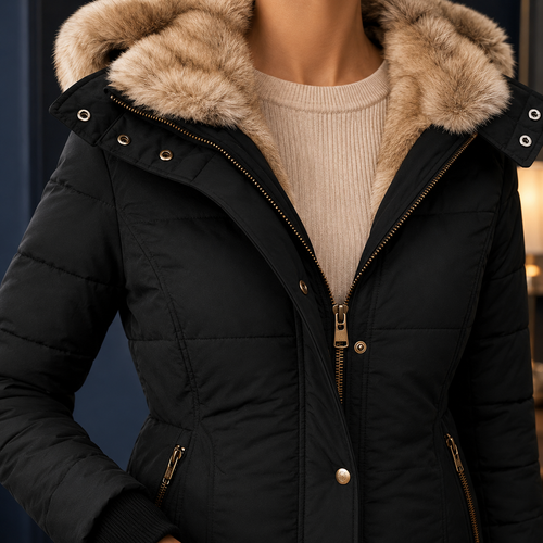 Close view of a black hooded puffer jacket showing plush hood lining, front zip and snap placket.