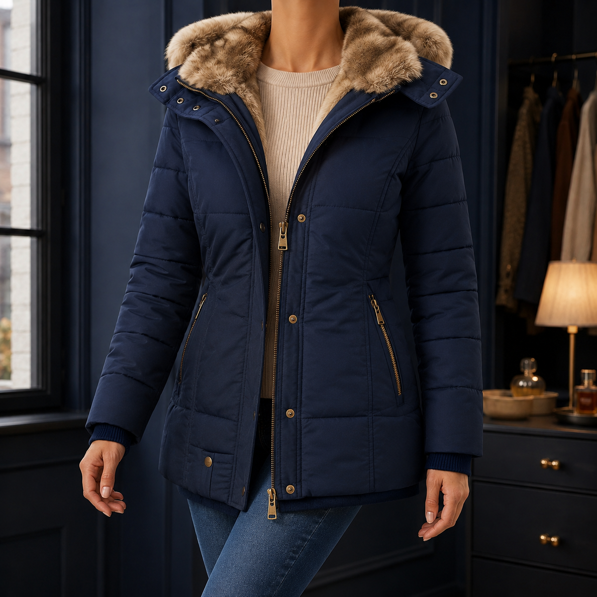 A woman wears a navy hooded puffer jacket with a plush lined hood, quilted body and zip pockets.