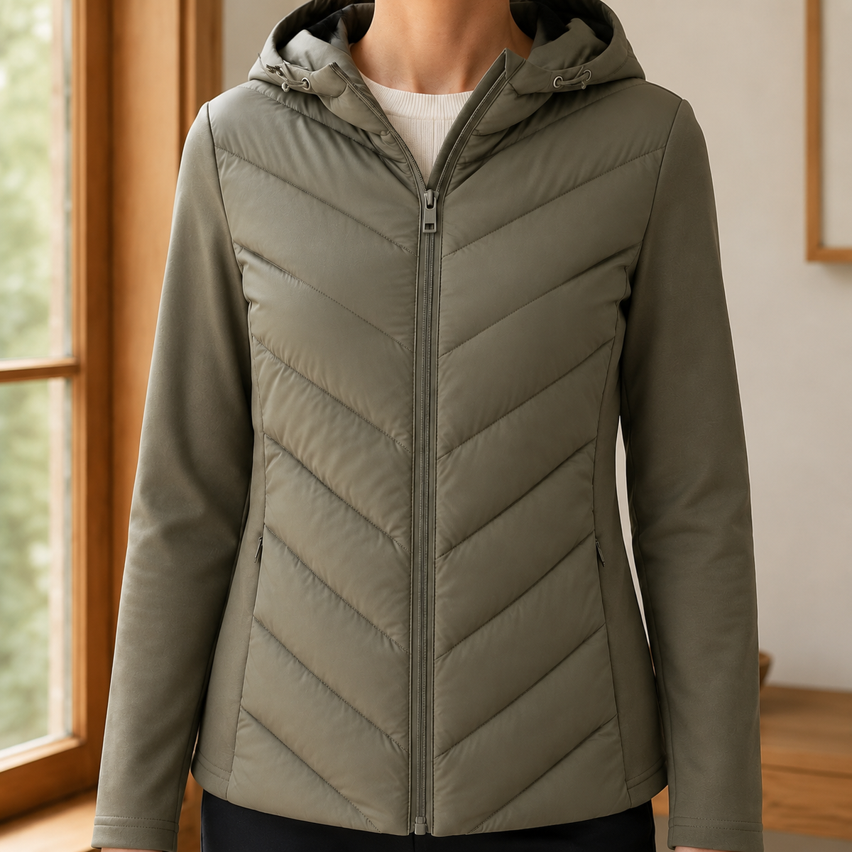 A woman wears an army green hooded quilted jacket with a chevron padded front, smooth sleeves and drawstring hood.