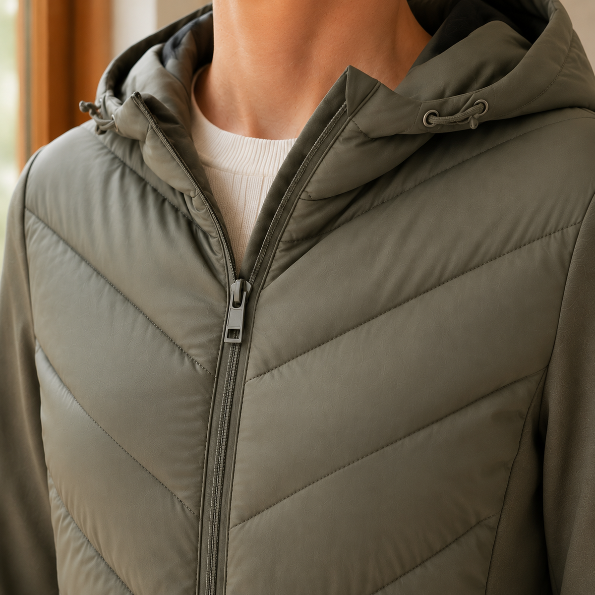 Close view of an army green hooded quilted jacket showing chevron stitching, drawstring hood and front zipper.