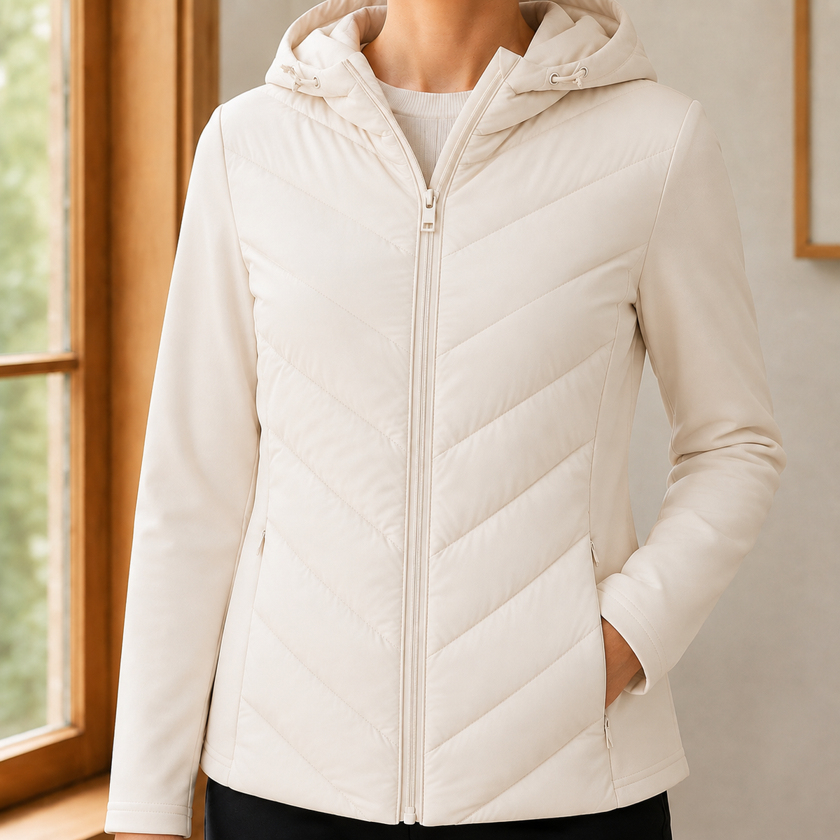 A woman wears a beige hooded quilted jacket with a chevron padded front, smooth sleeves and drawstring hood.