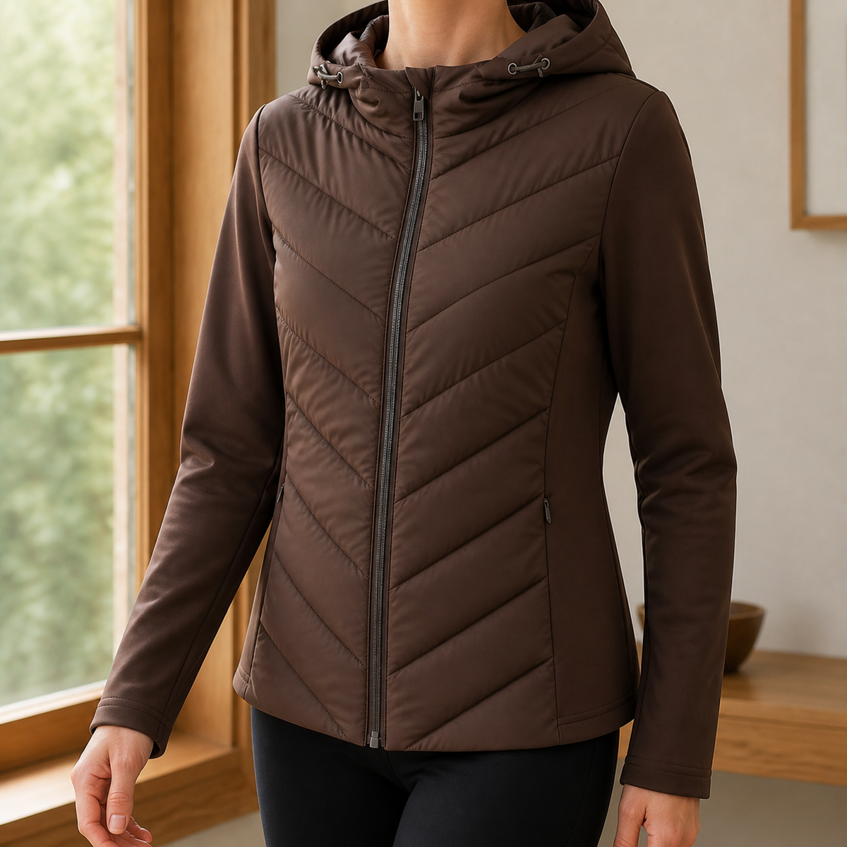 A woman wears a chocolate hooded quilted jacket with a chevron padded front, smooth sleeves and drawstring hood.