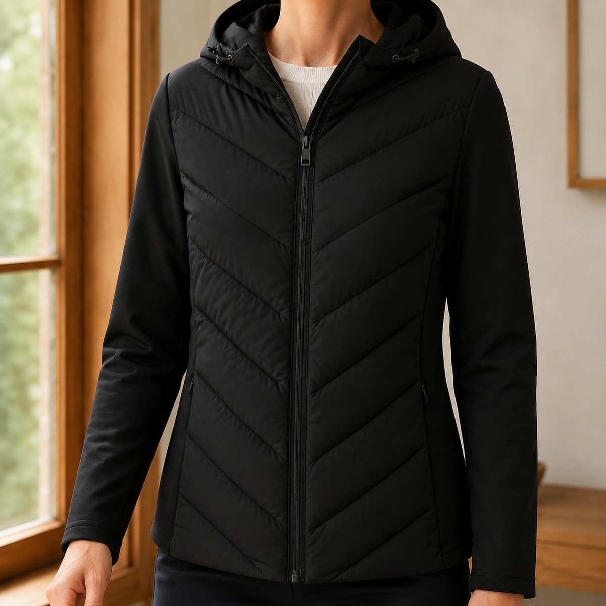 A woman wears a black hooded quilted jacket with a chevron padded front, smooth sleeves and drawstring hood.