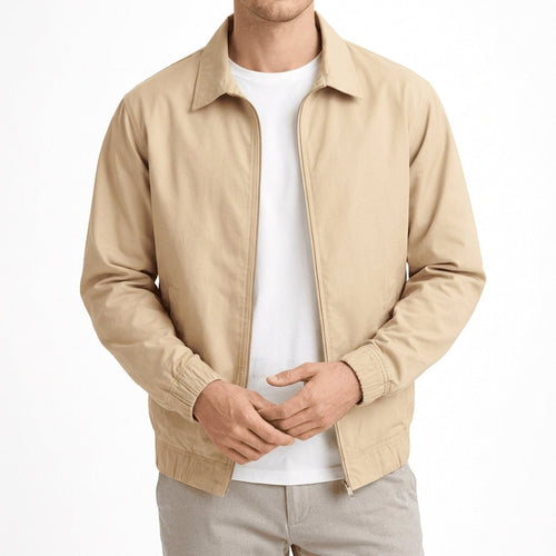 Knit Jacket in Cream showing the full zip and ribbed trims