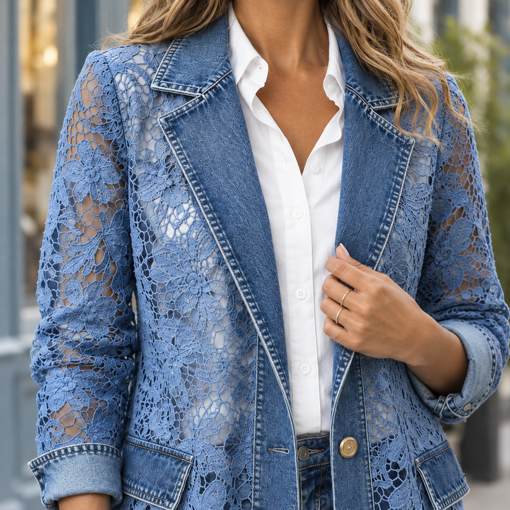 Close view of the denim jacket showing floral lace panels and a scalloped hem