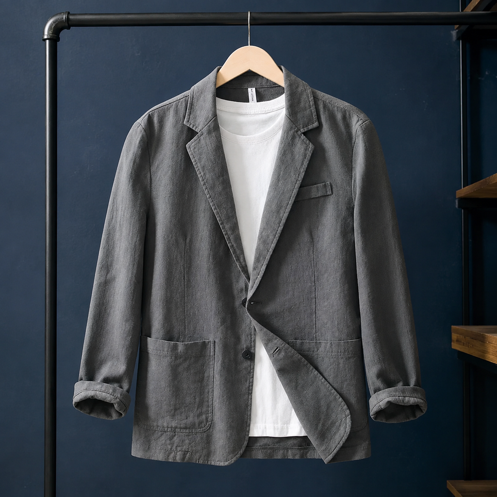 Linen Jacket in Gray showing the notched lapels and patch pockets