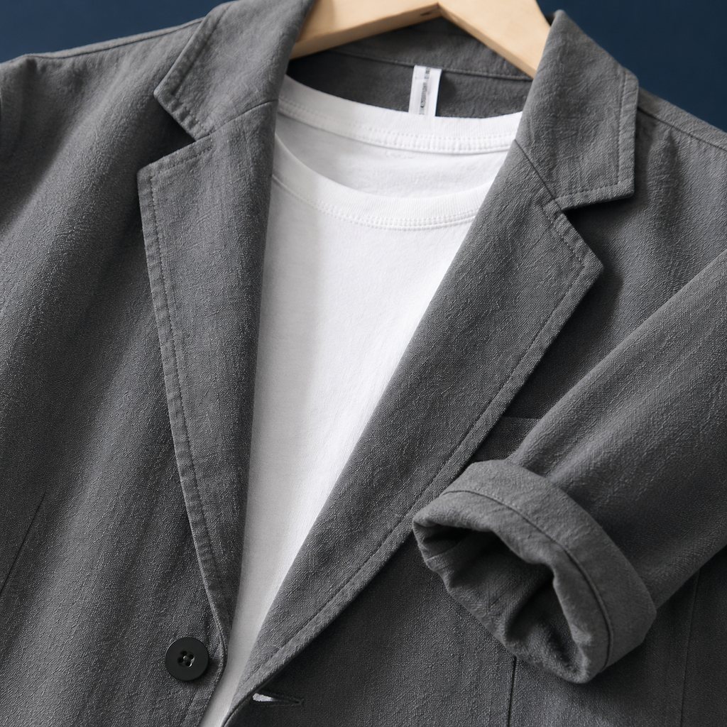 Additional view 2 of the Black linen jacket showing the notched lapels and patch pockets and construction