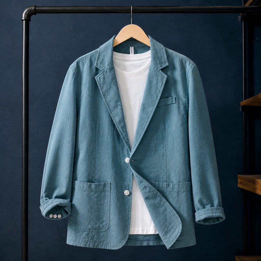 Linen Jacket in Blue showing the notched lapels and patch pockets