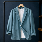 Linen Jacket in Blue showing the notched lapels and patch pockets