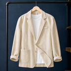 Linen Jacket in Beige showing the notched lapels and patch pockets
