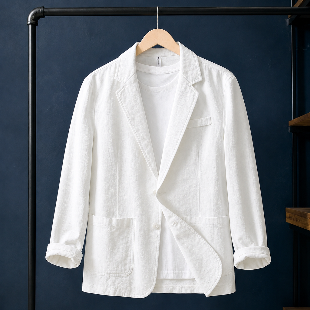 Linen Jacket in White showing the notched lapels and patch pockets
